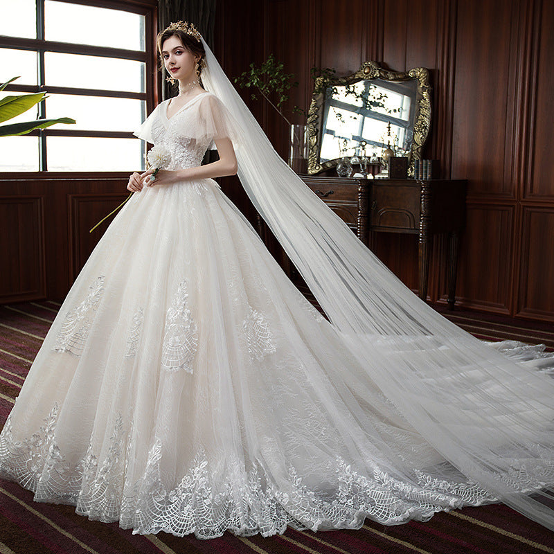 Nine Seven V-Neck Appliques Short Sleeve Pearls A-Line Wedding Dress