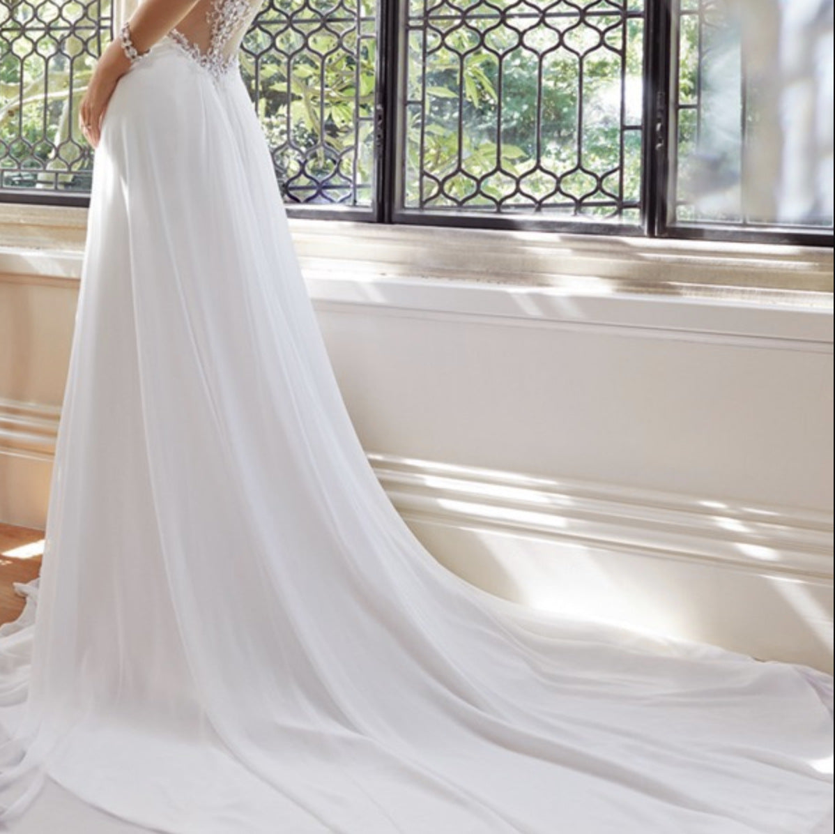 Nine Seven A-Line Appliques Pleated Plunging V-Neckline Court Train Wedding Dress