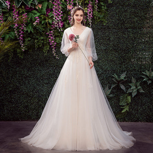 Nine Seven V-Neck Long Sleeves A-Line Appliques Bridal Wedding Dress