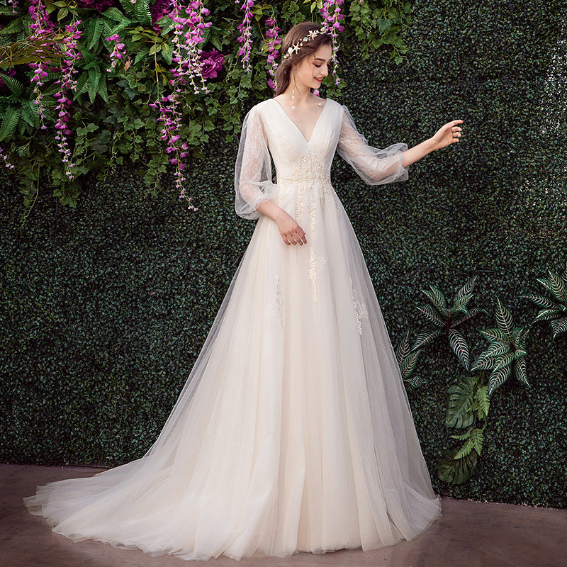 Nine Seven V-Neck Long Sleeves A-Line Appliques Bridal Wedding Dress