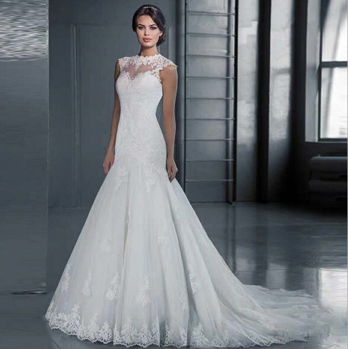Nine Seven Mermaid Jewel Neck Court Train Appliques Sleeveless Wedding Dress