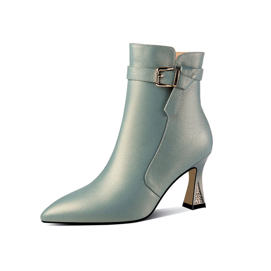 Nine Seven Handmade Women's Genuine Leather Side Zip Up Spool Heel Pointed Toe Ankle Boots with Chic Belt Design