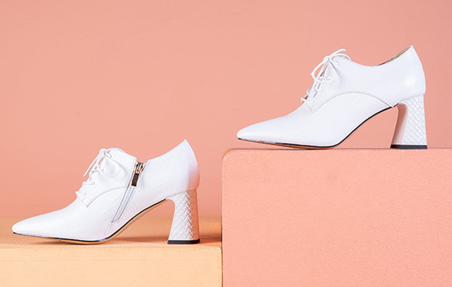 Nine Seven Women's Genuine Leather Handmade Pointed Toe Mid Chunky Heel Lace Up Modern Pump Shoes with Side Zip