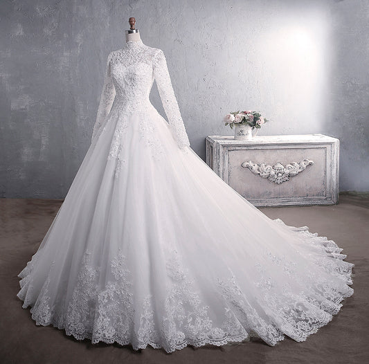 Nine Seven Appliques Lace Long Sleeve A-Line Chapel Train Muslim Wedding Dress