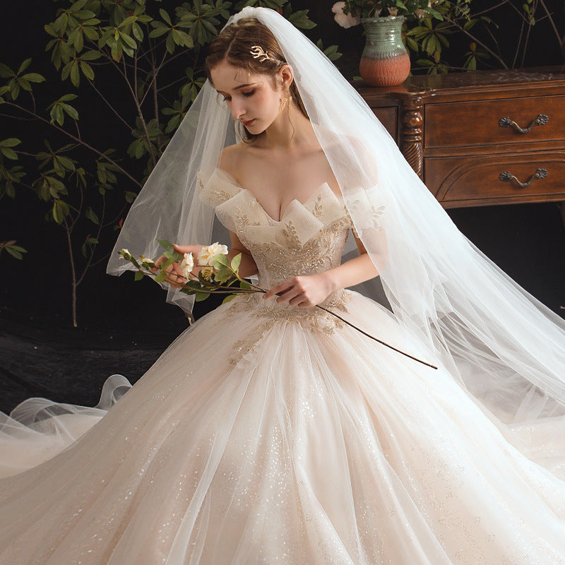 Nine Seven Leaves Appliques Glitter Sequines Lace Up Unique Design Off Shoulder Wedding Dress