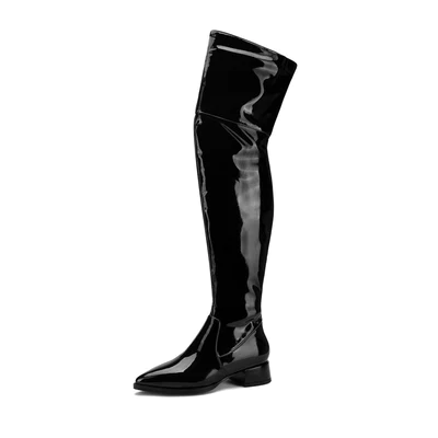 Nine Seven Women's Glossy Patent Leather Handmade Pointed Toe Half Side Zip Low Chunky Heel Stylish Plus-size Customized Circumference Over Knee Boots