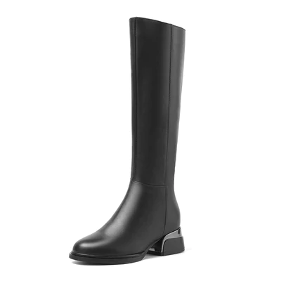 Nine Seven Women's Genuine Leather Round Toe Handmade Side Zipper Low Chunky Heels Classic Knee High Boots