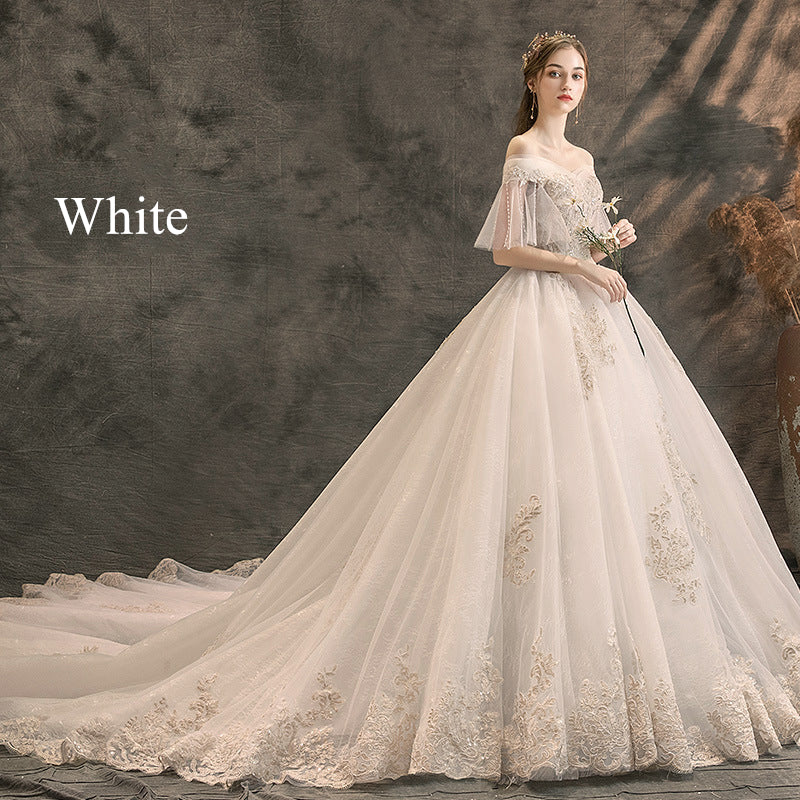 Nine Seven Off Shoulder Pearls Floral Appliques Short Sleeves A-Line Bridal Wedding Dress