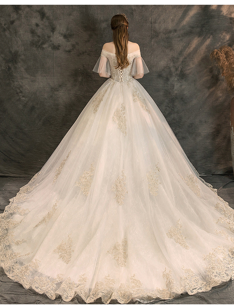 Nine Seven Off Shoulder Pearls Floral Appliques Short Sleeves A-Line Bridal Wedding Dress