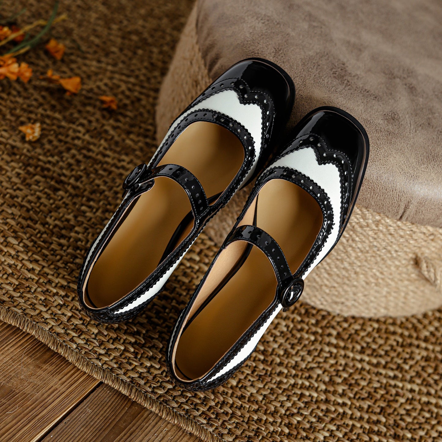 Nine Seven Women's Patent Leather Handmade Lace Buckle Round Toe Low Block Heel Mary Jane Flats Shoes