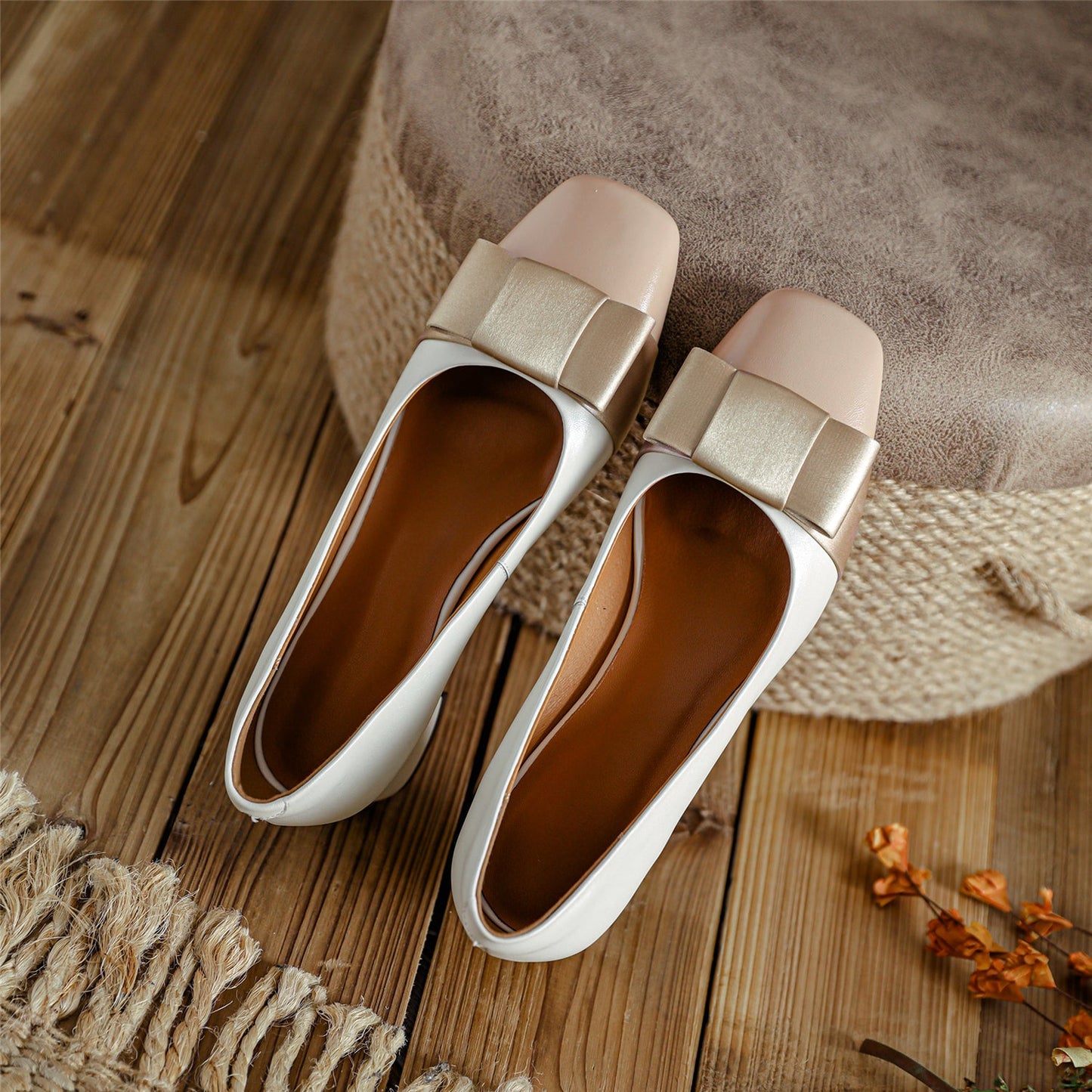 Nine Seven Genuine Leather Women's Handmade Square Toe Block Heel Assorted Color Loafer Pumps Shoes with Bowknot