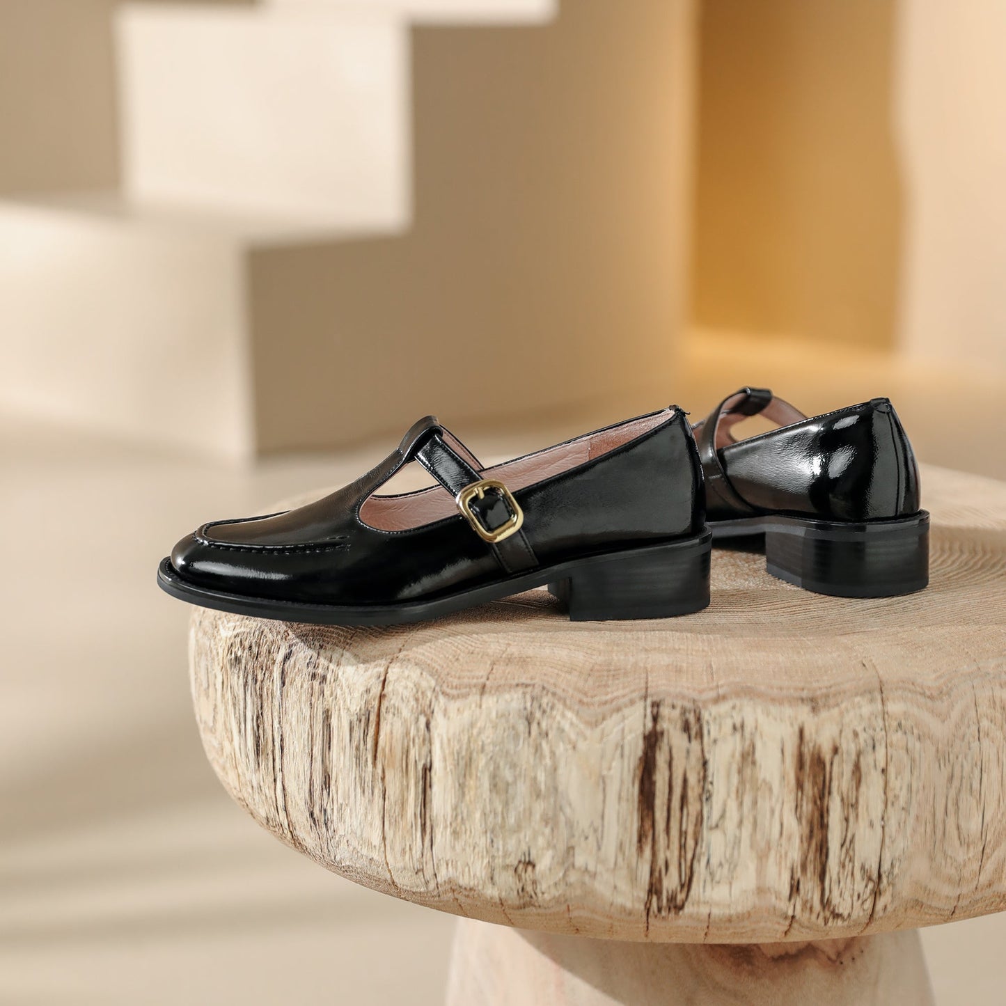 Nine Seven Women's Round Toe Genuine Leather Handmade Buckle Low Chunky Heels Retro Shoes