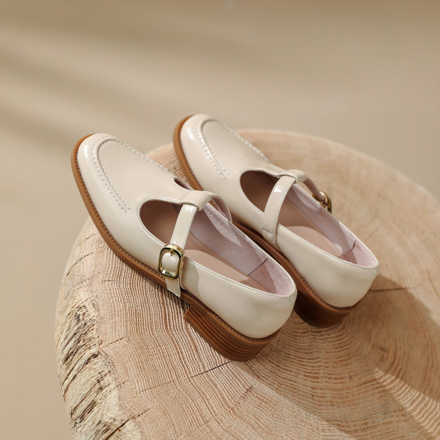 Nine Seven Women's Round Toe Genuine Leather Handmade Buckle Low Chunky Heels Retro Shoes