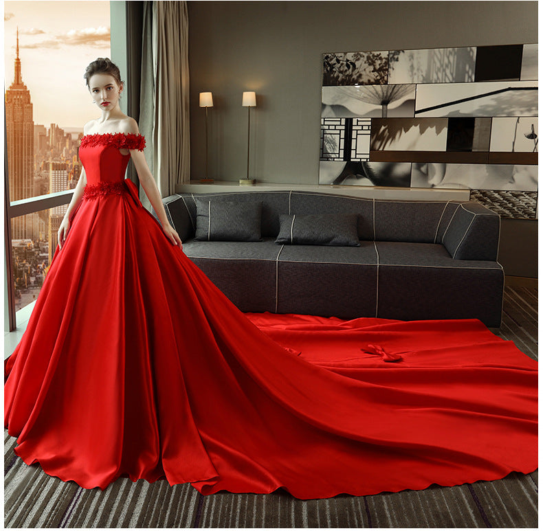 Nine Seven Off Shoulder Lace Flower Bowknot Decor A-Line Red Wedding Dress