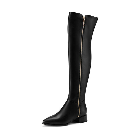 Nine Seven Women's Genuine Leather Handmade Pointed Toe Side Zip Low Chunky Heel Chic Plus-size Customized Circumference Over Knee Boots