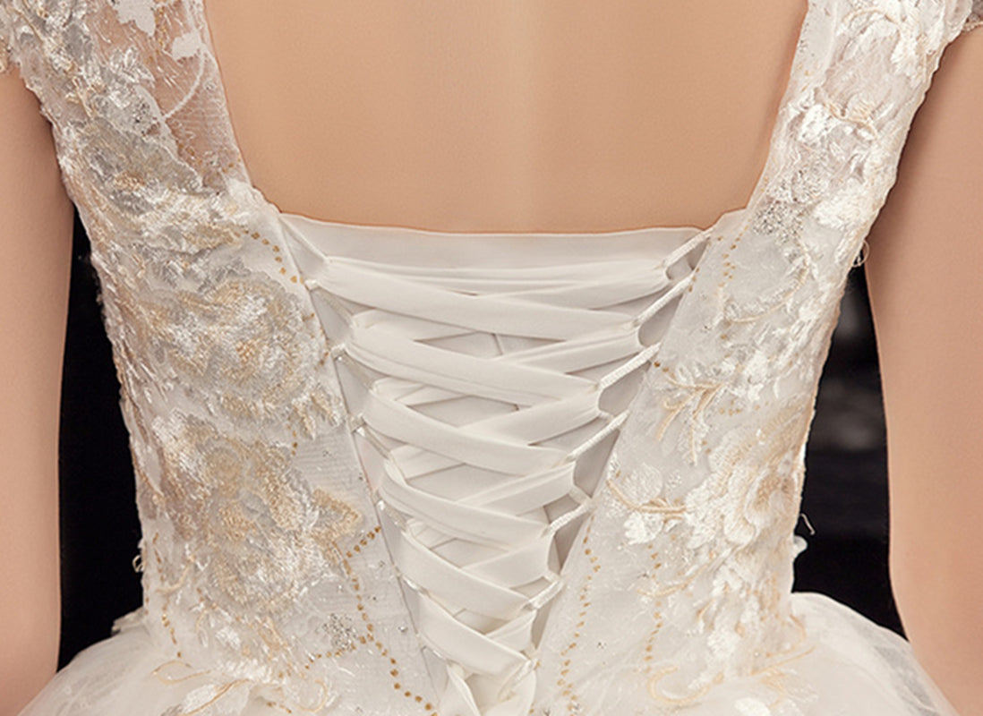 Nine Seven Pearls Floral Appliques Short Sleeves A-Line Scoop Back Embroidery Wedding Dress