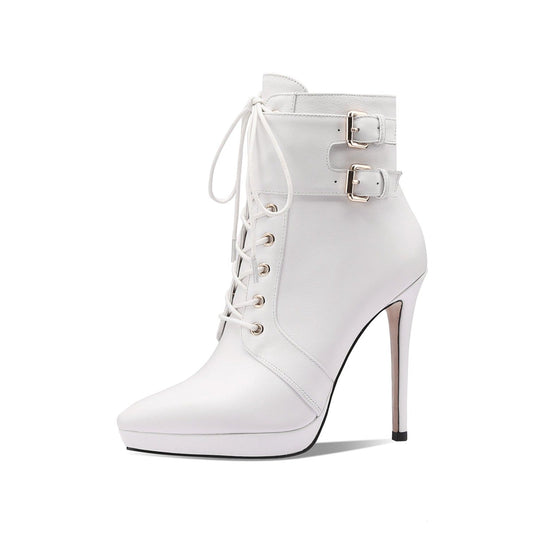 Nine Seven Handmade Women's Genuine Leather Belt Front Lace Up Side Zipper Pointed Toe Platform High Stiletto Heel Ankle Boots Shoes