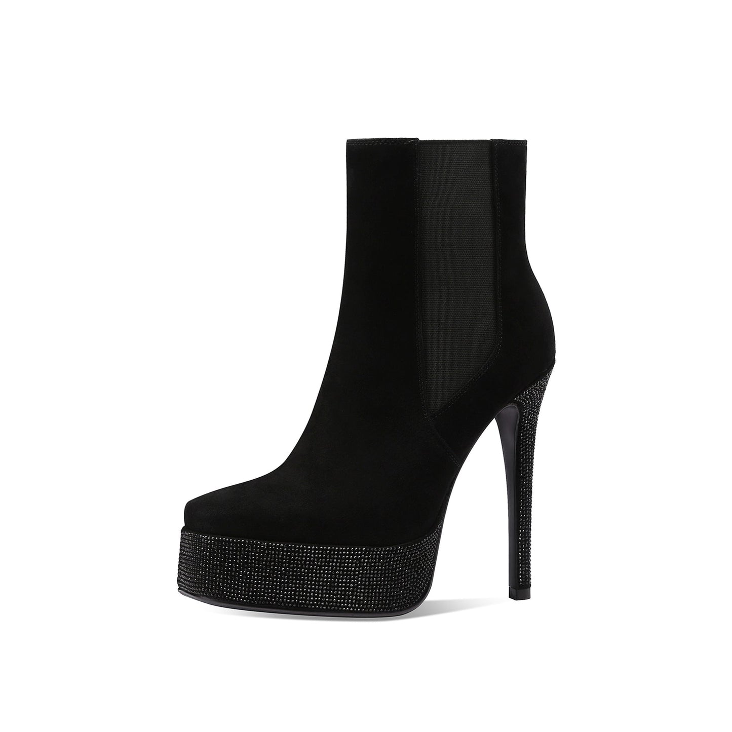 Nine Seven Handmade Women's Suede Leather Rhinestones Platform Pull On Pointed Toe High Stiletto Heel Ankle Boots