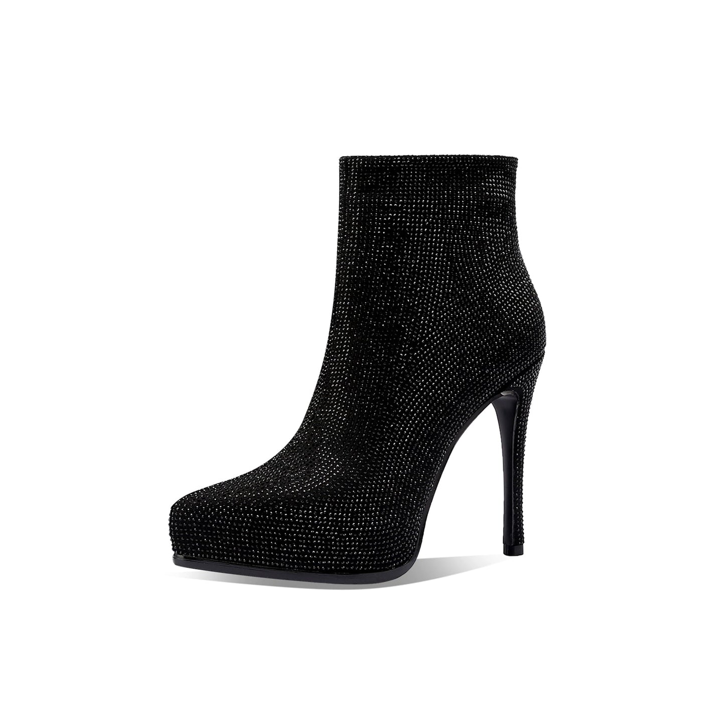 Nine Seven Handmade Women's Genuine Leather Glittering Rhinestones Platform Side Zipper Pointed Toe High Stiletto Heel Ankle Boots