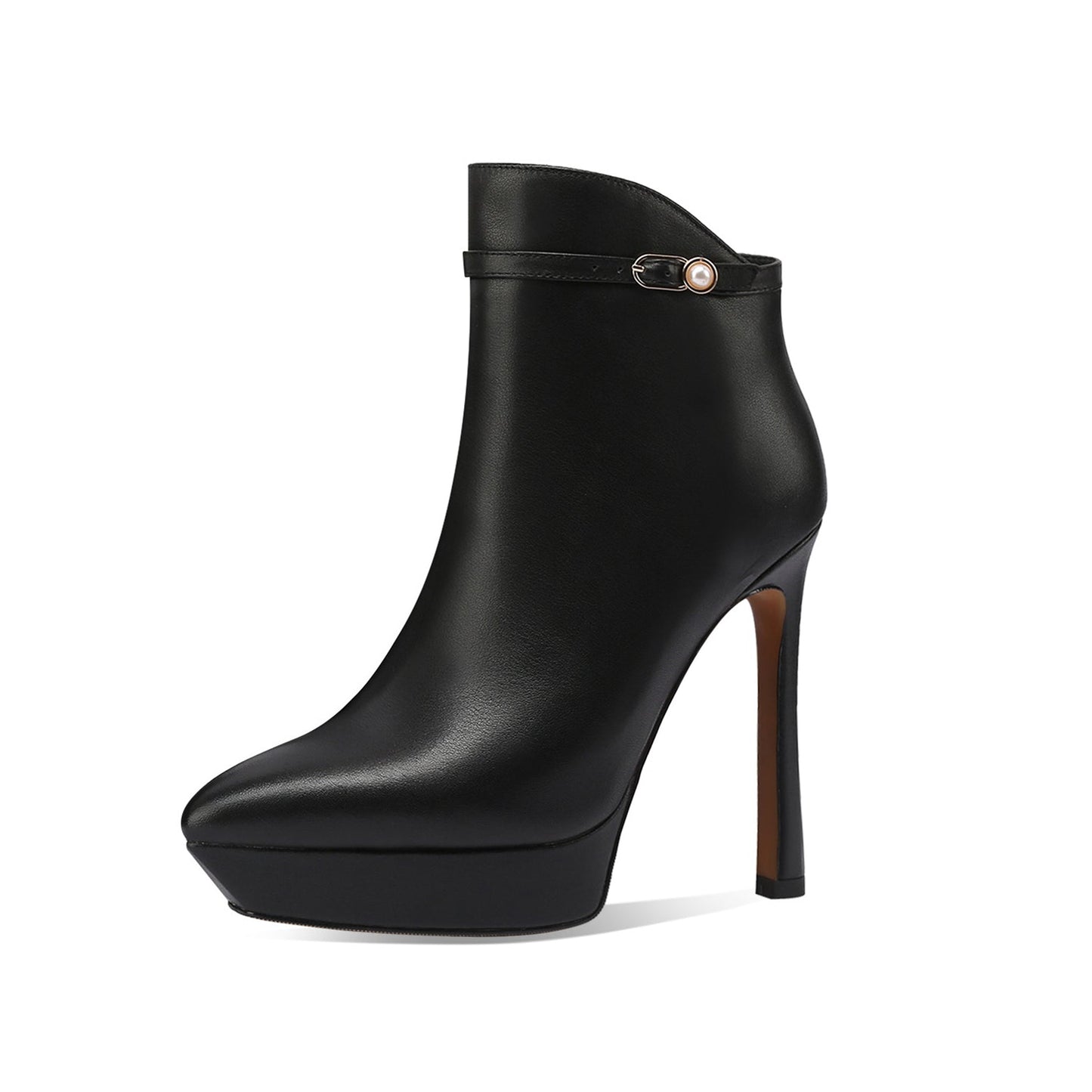 Nine Seven Handmade Women's Genuime Leather Ankle Strap Pearl Platform Side Zipper Pointed Toe High Stiletto Heel Ankle Boots