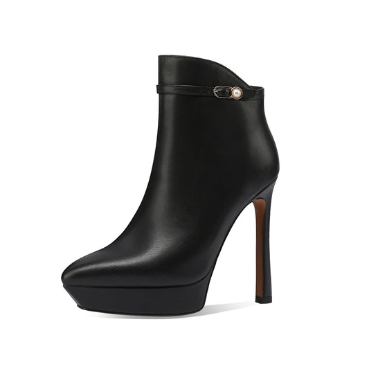 Nine Seven Handmade Women's Genuime Leather Ankle Strap Pearl Platform Side Zipper Pointed Toe High Stiletto Heel Ankle Boots