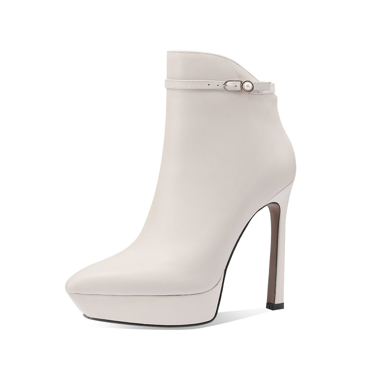 Nine Seven Handmade Women's Genuime Leather Ankle Strap Pearl Platform Side Zipper Pointed Toe High Stiletto Heel Ankle Boots