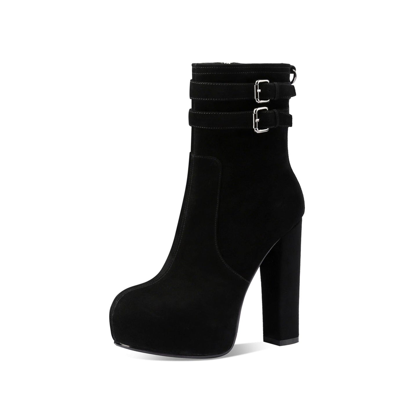 Nine Seven Handmade Women's Suede Leather Side Zip Double Ankle Strap Round Toe Sexy High Heel Platform Boots