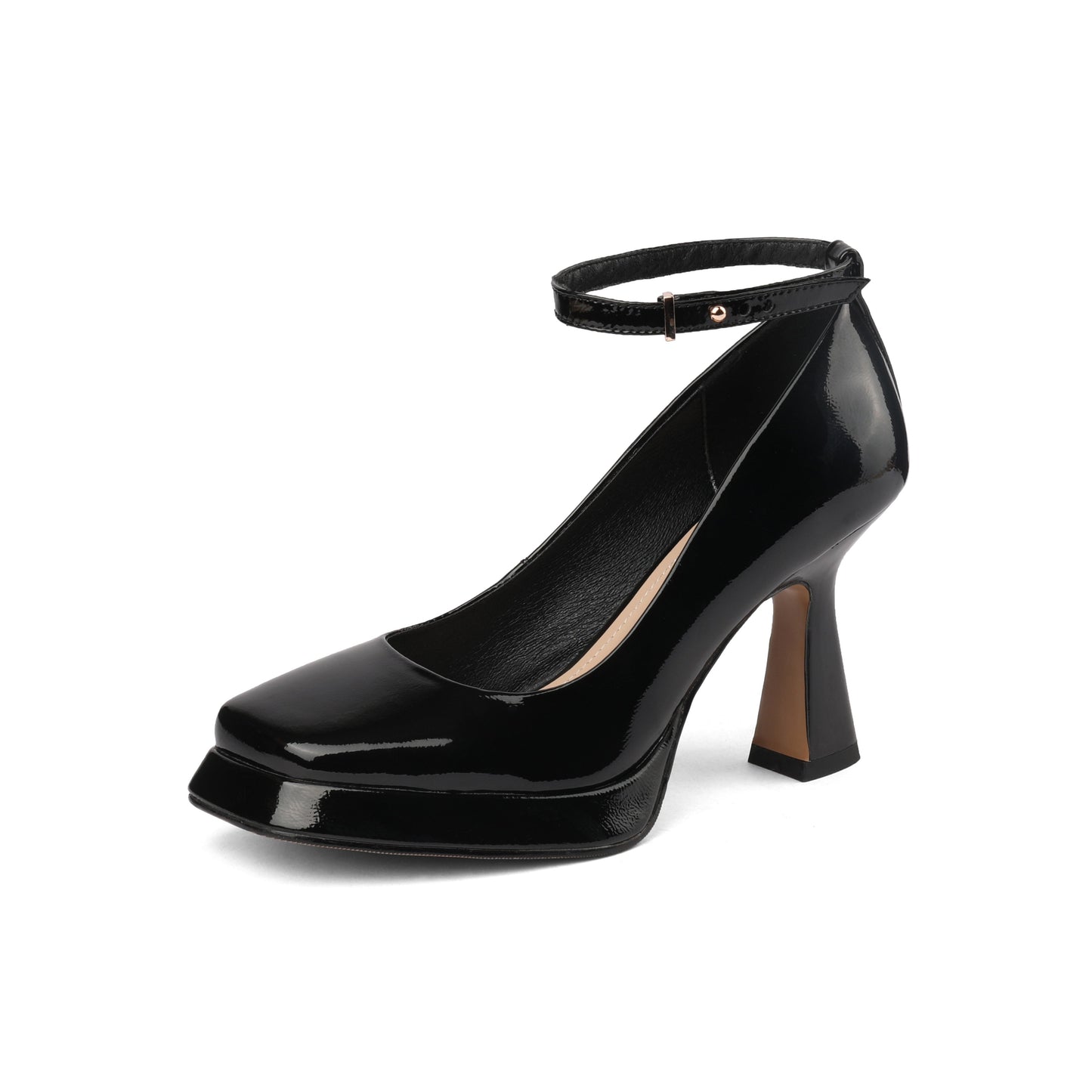 Nine Seven Women's Square Toe Glossy Patent Leather Handmade Platform Stylish High Chunky Heels with Detachable Ankle Belt