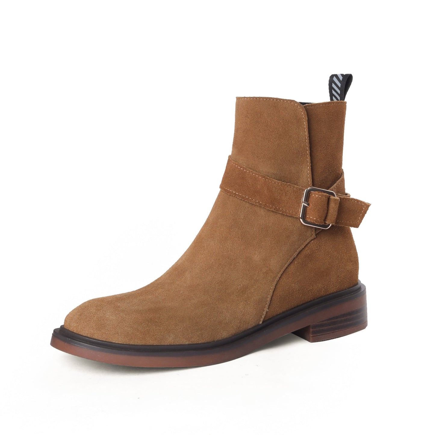 Nine Seven Handmade Women's Suede Leather Buckle Round Toe Low Chunky Heel Side Zipper Ankle Boots Shoes