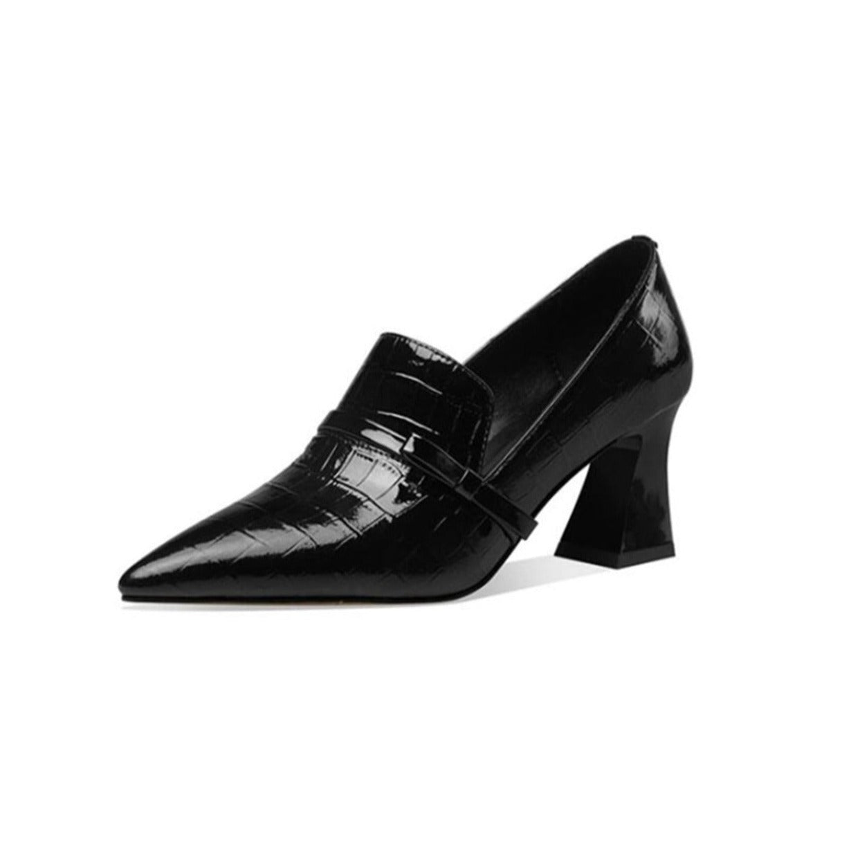 Nine Seven Embossed Patent Leather Handmade Women's Mid Spool Heel Pointed Toe Slip On Modern Pump Shoes with Bowtie