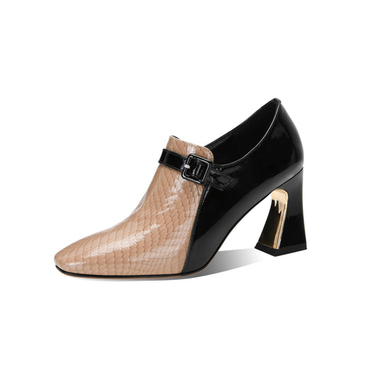 Nine Seven Women's Genuine Leather Round Toe Handmade Buckle Side Zipper Multi-Colored Mid Chunky Heel Stylish Pumps Shoes