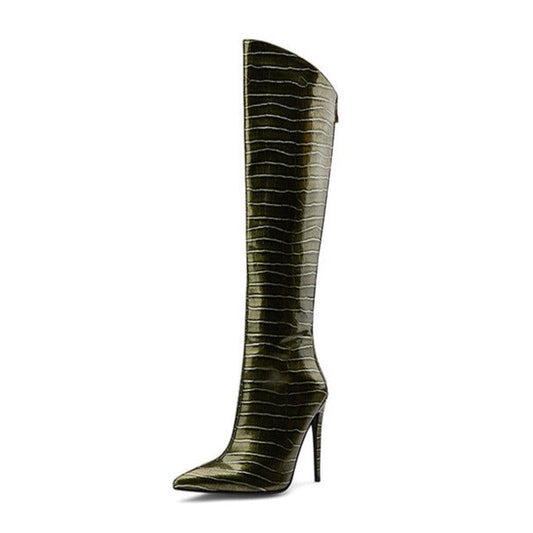 Nine Seven Women's Handmade Microfiber Leather Glossy Pointed Toe High Stiletto Heel Back Zip Stylish Plus-size Customized Circumference Knee High Boots