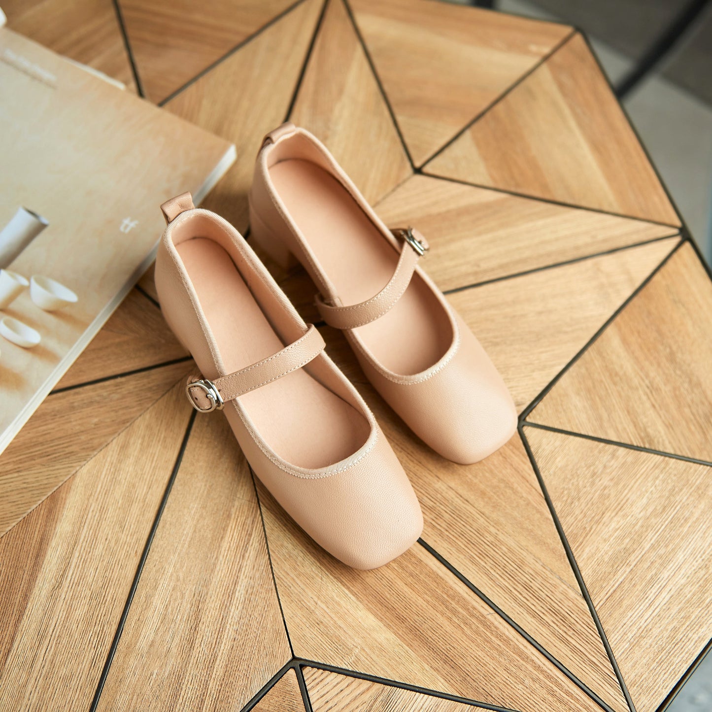 Nine Seven Women's Genuine Leather Square Toe Handmade Buckle Low Chunky Heels Casual Mary Jane Shoes