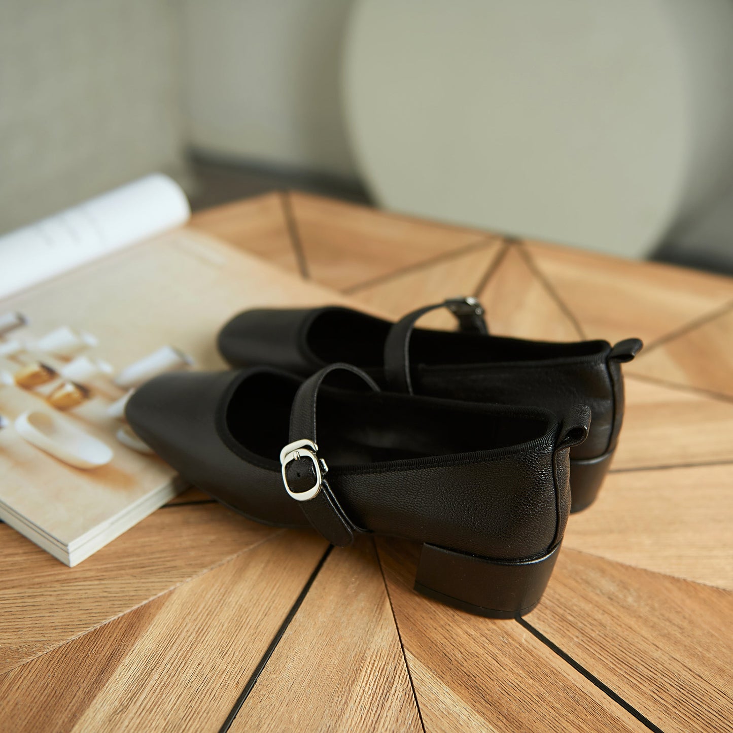 Nine Seven Women's Genuine Leather Square Toe Handmade Buckle Low Chunky Heels Casual Mary Jane Shoes