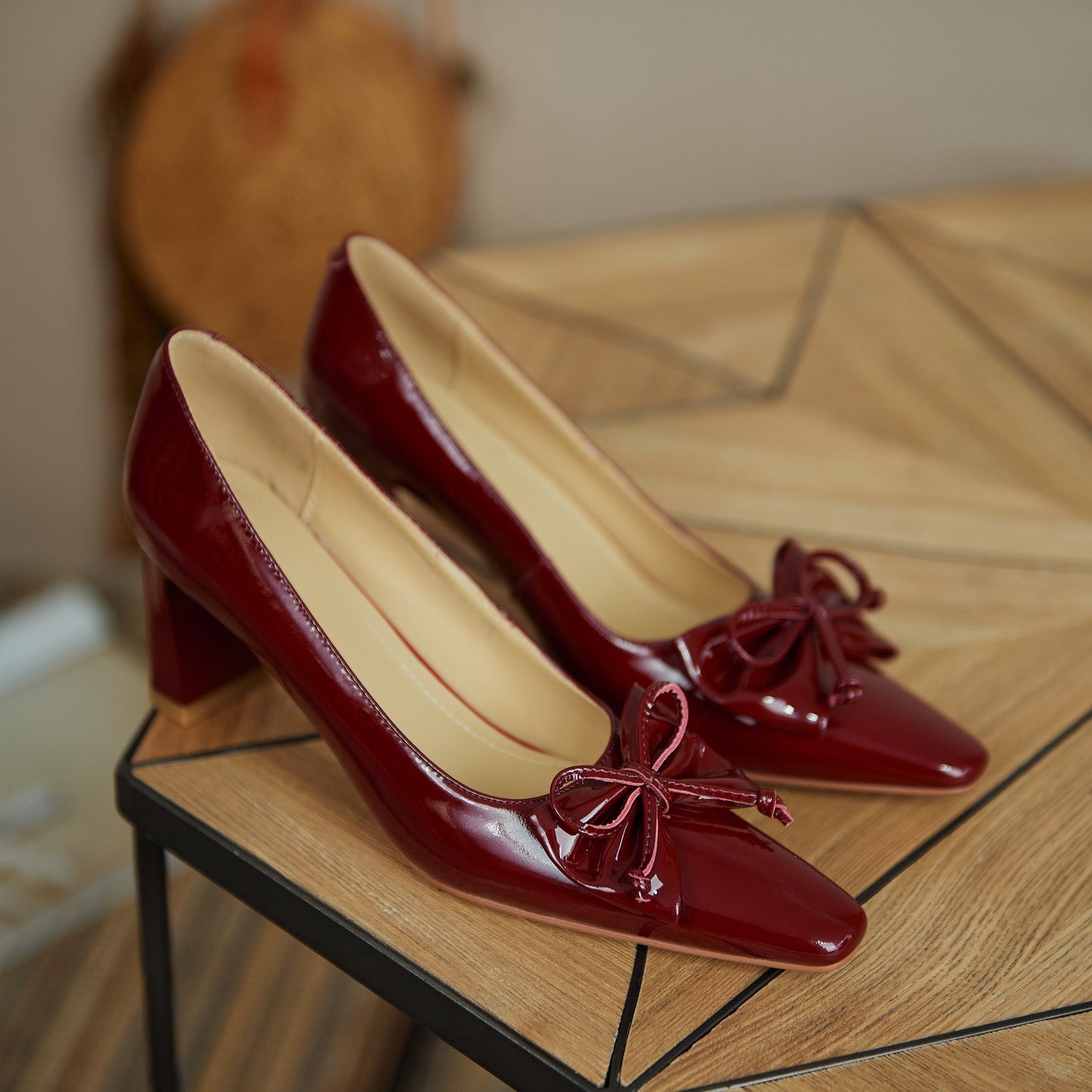 Nine Seven Women's Patent Leather Handmade Mid Chunky Heel Sexy Slip On Cute Bowtie Glossy Pumps