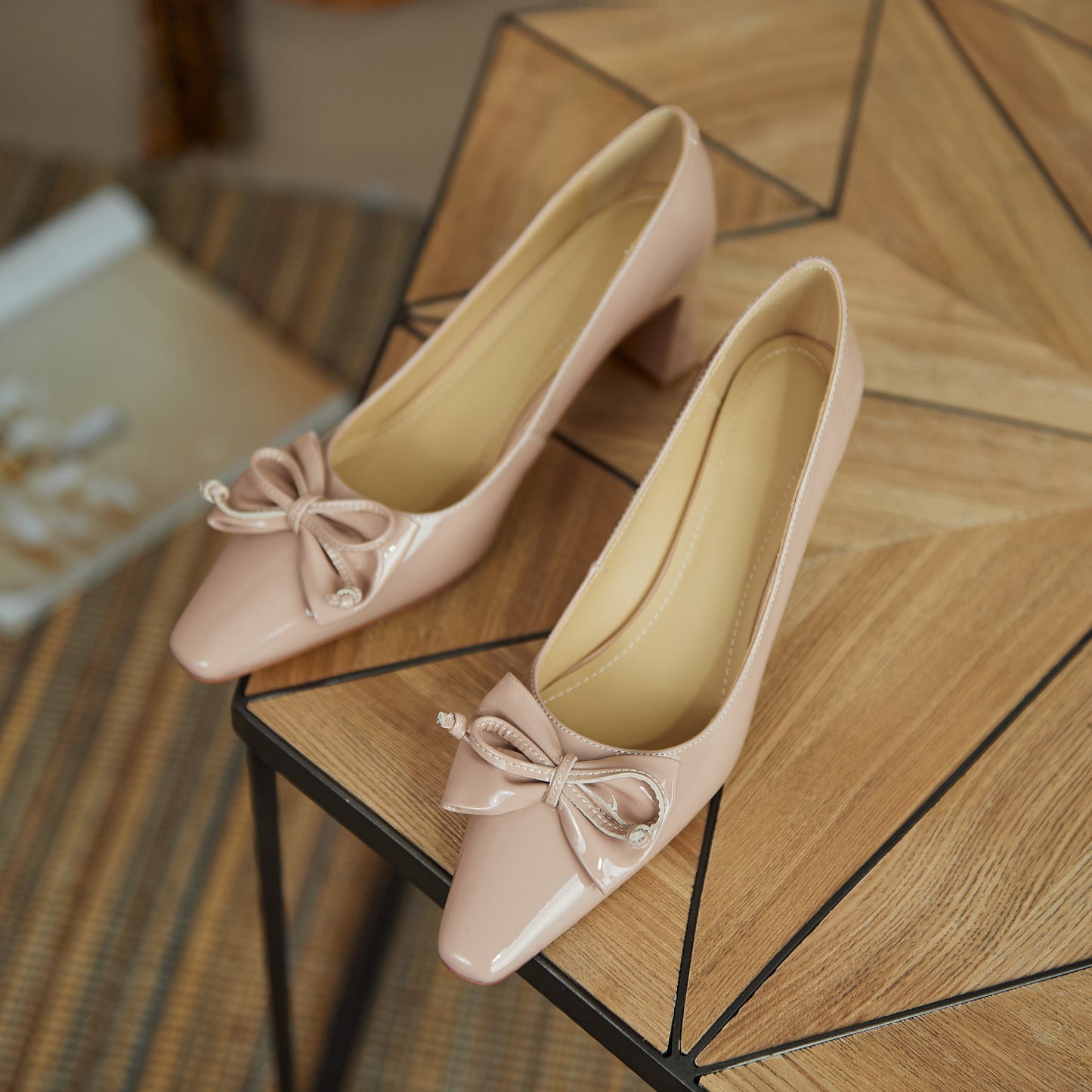 Nine Seven Women's Patent Leather Handmade Mid Chunky Heel Sexy Slip On Cute Bowtie Glossy Pumps