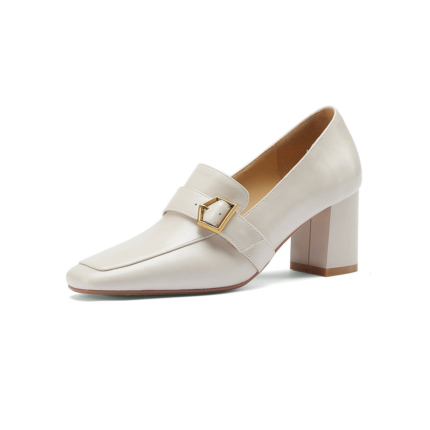 Nine Seven Genuine Leather Women's Handmade Square Toe Mid Block Heel Slip On Graceful Oxford Loafer Pumps with Cool Buckle