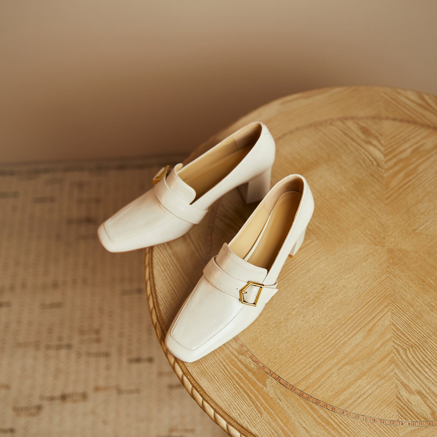 Nine Seven Genuine Leather Women's Handmade Square Toe Mid Block Heel Slip On Graceful Oxford Loafer Pumps with Cool Buckle