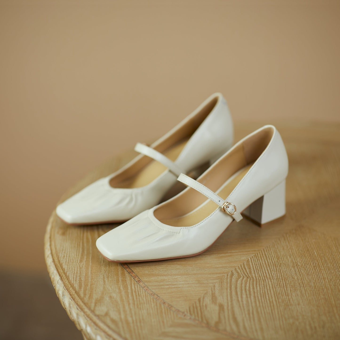 Nine Seven Women's Handmade Genuine Leather Square Toe Mid Block Heel Buckle Closure Creases Mary Jane Pumps