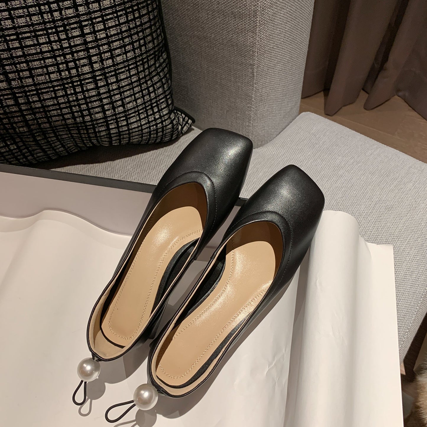 Nine Seven Genuine Leather Women's Handmade Square Toe Low Chunky Heel Slip On Loafer Pump Shoes with Pearl