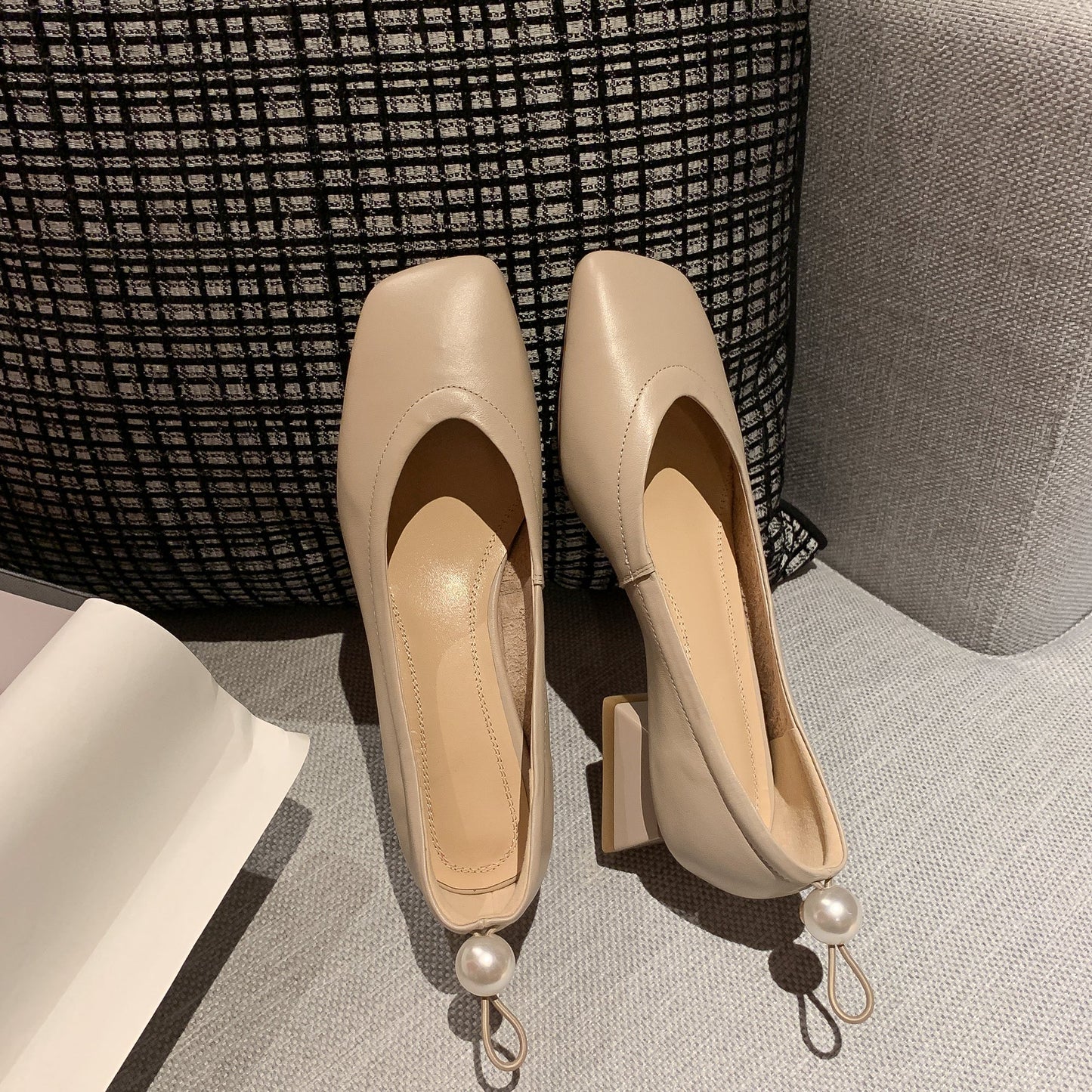 Nine Seven Genuine Leather Women's Handmade Square Toe Low Chunky Heel Slip On Loafer Pump Shoes with Pearl