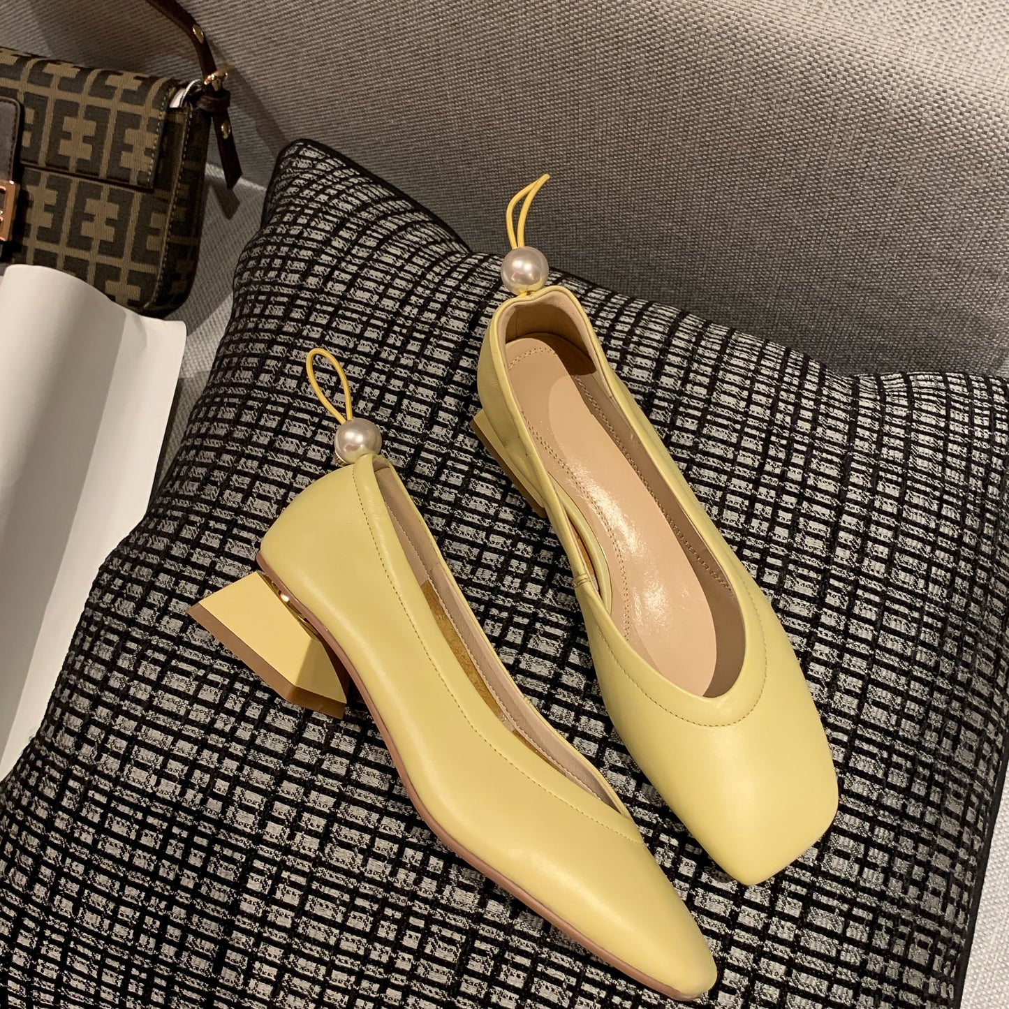 Nine Seven Genuine Leather Women's Handmade Square Toe Low Chunky Heel Slip On Loafer Pump Shoes with Pearl