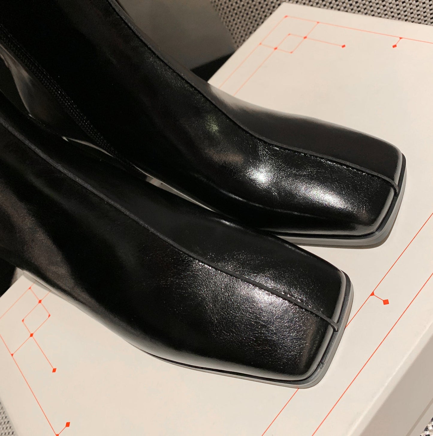 Nine Seven Women's Genuine Leather Square Toe Handmade Zipper Mid Chunky Heels Trendy Mid Calf Boots