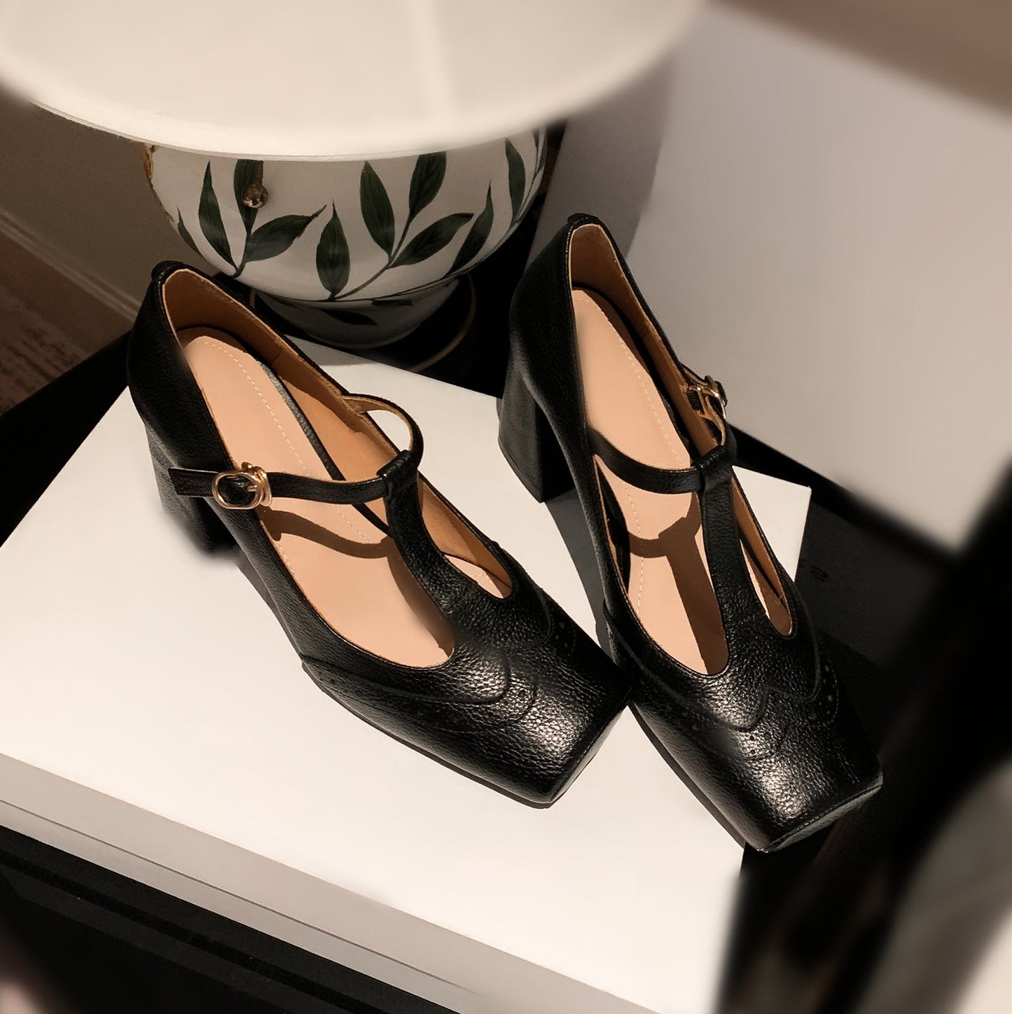 Nine Seven Handmade Women's Genuine Leather T-Strap Buckle Square Toe High Block Heel Mary Janes Pumps Shoes