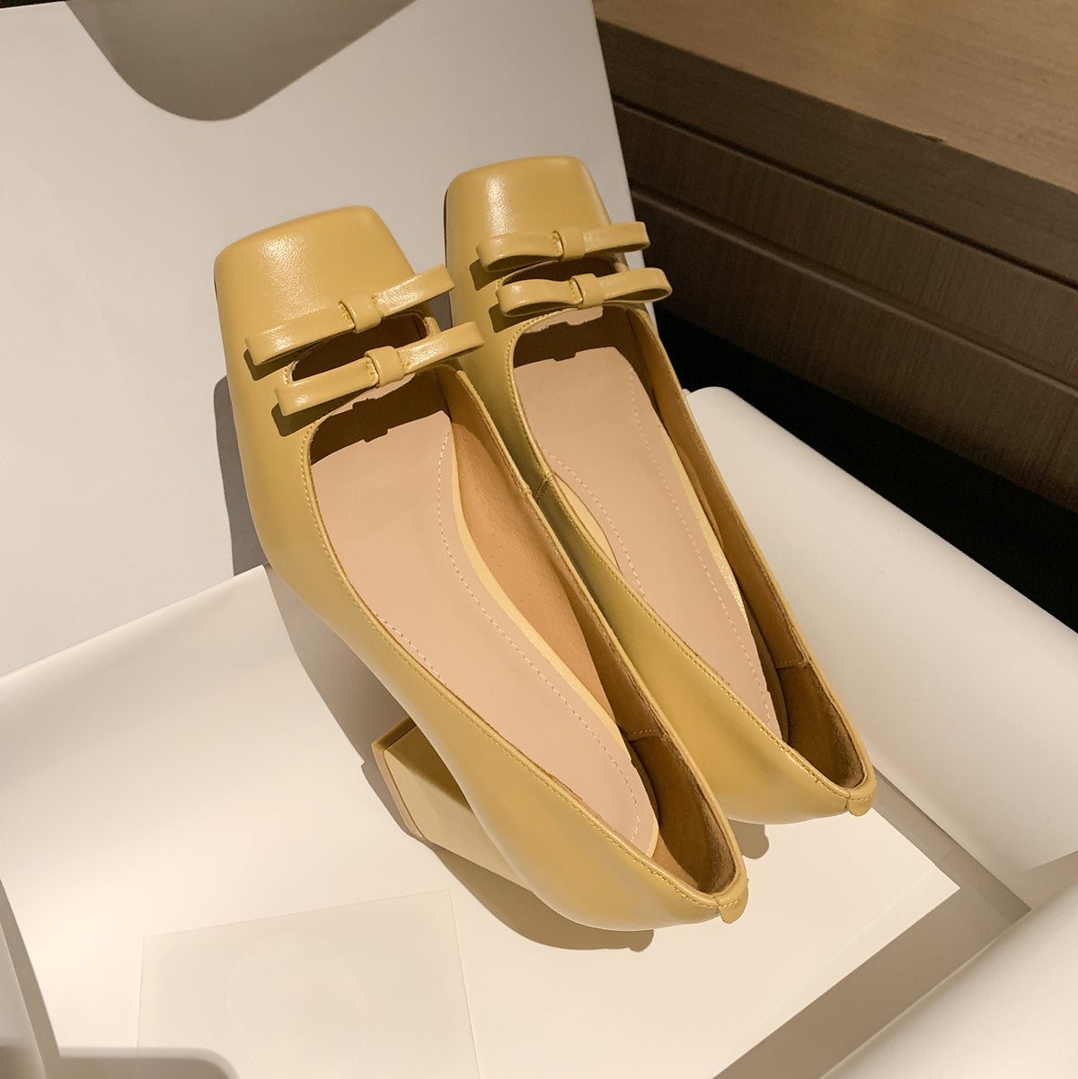 Nine Seven Handmade Women's Genuine Leather Slip On Bow Square Toe High Chunky Heel Pumps Shoes