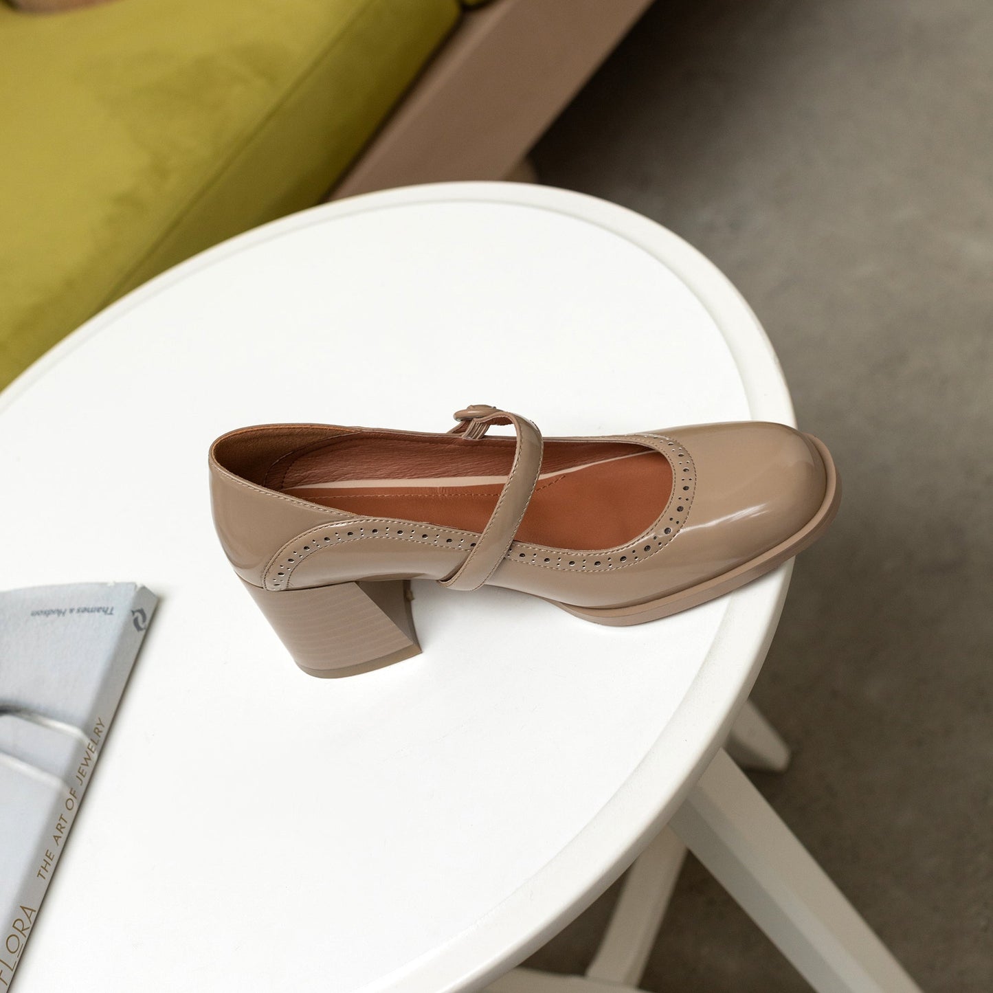 Nine Seven Glossy Genuine Leather Women's Handmade Round Toe Mid Block Heel Buckle Cute Mar Jane Pump Shoes