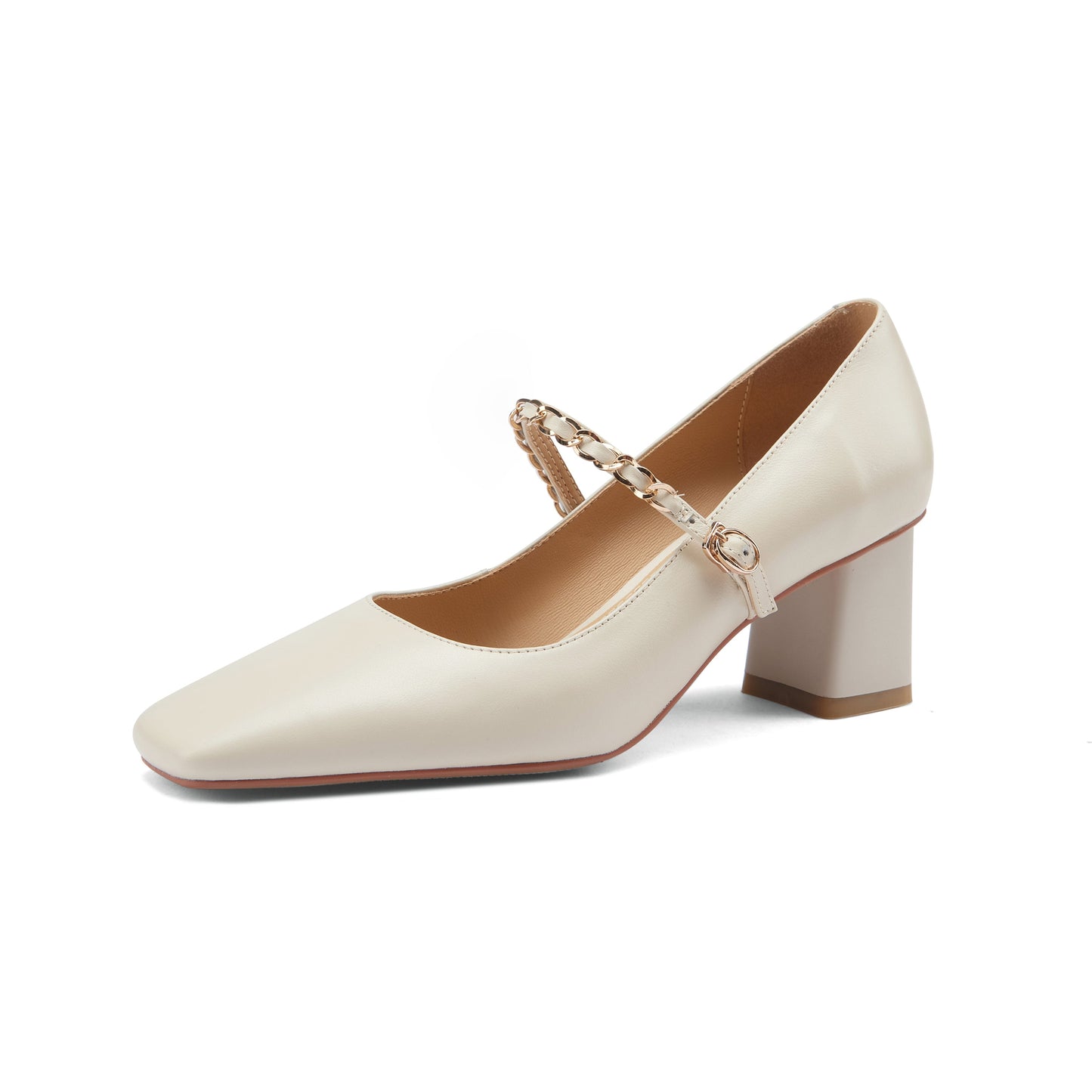 Nine Seven Women's Genuine Leather Handmade Mid Chunky Heel Classic Square Toe Buckle Retro Mary Jane Pump Shoes