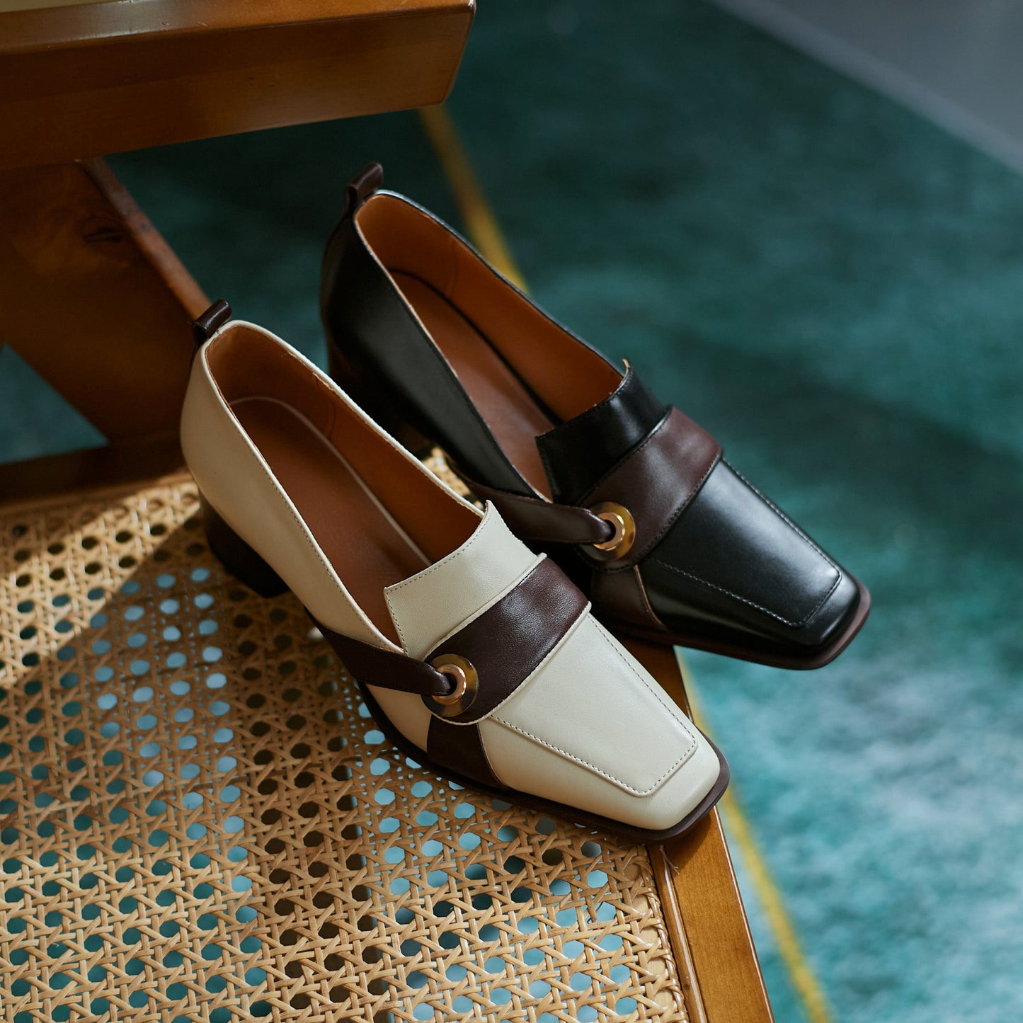 Nine Seven Women's Square Toe Genuine Leather Handmade Chunky Heel Stylish Loafers Shoes