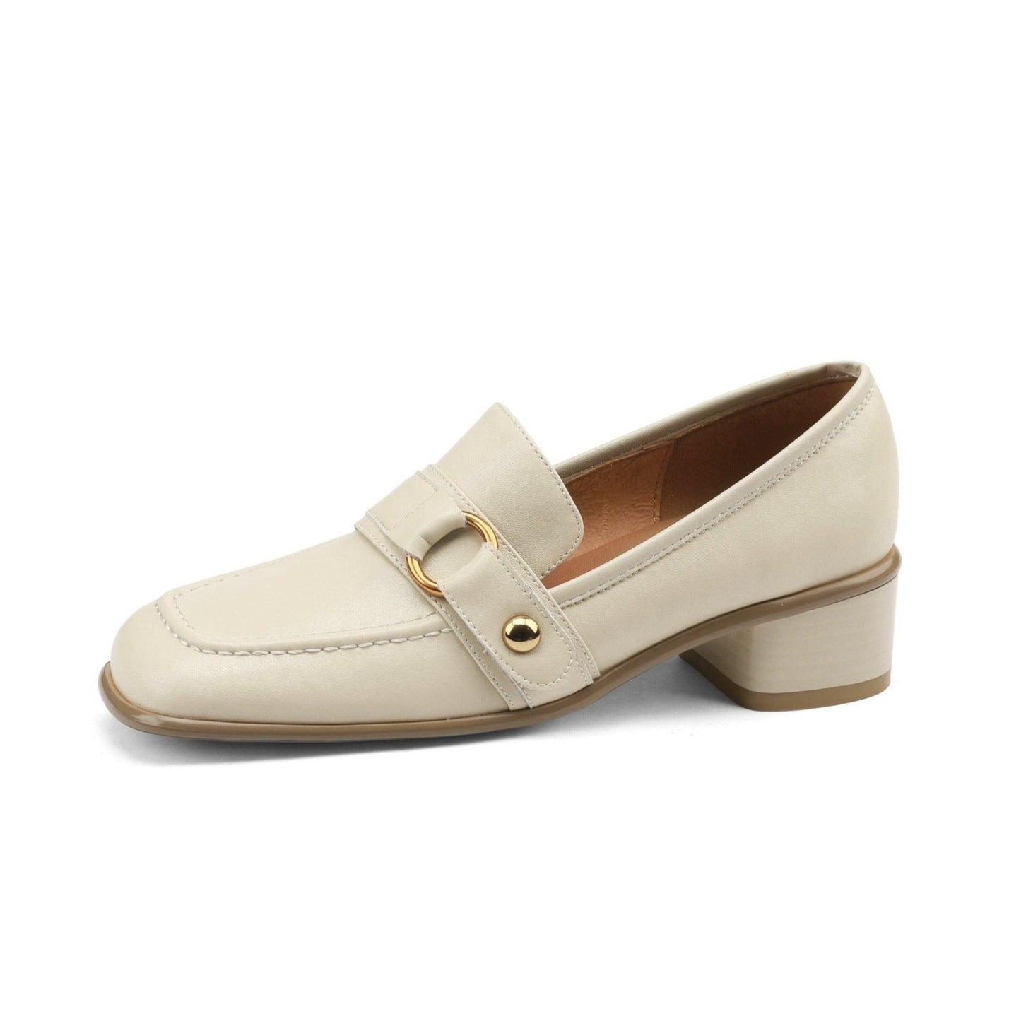 Nine Seven Women's Genuine Leather Square Toe Handmade Metal Buckle Low Chunky Heel Casual Loafers