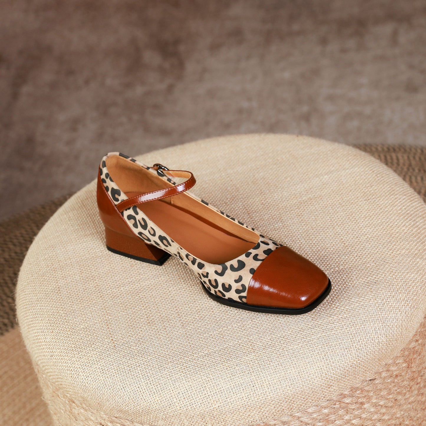 Nine Seven Women's Square Toe Leopard Print Genuine Leather Handmade Low Heel Chic Mary Jane Shoes